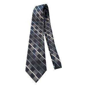 Bugatti Mens Neck Tie Gray Black Plaid 100% Silk Professional Career Office